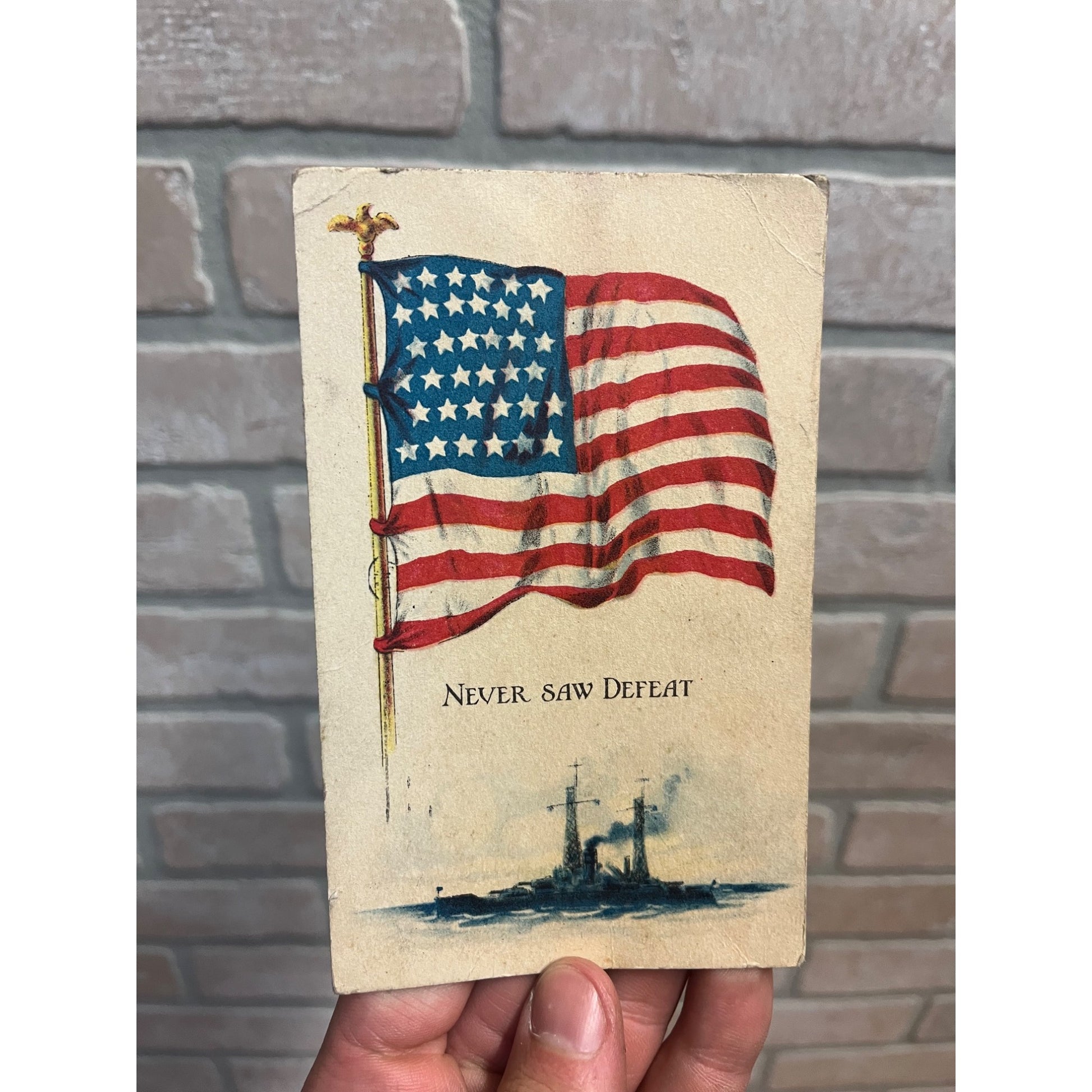 Vintage WW1 WWI Postcard USA Never Saw Defeat Flag Battleship Patriotic c1918