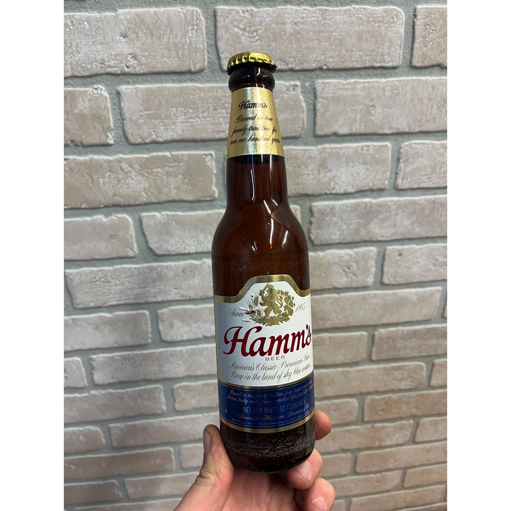 Vintage Hamm's Beer Bottle 12oz Amber Brown Glass Empty w/ Cap & Labels