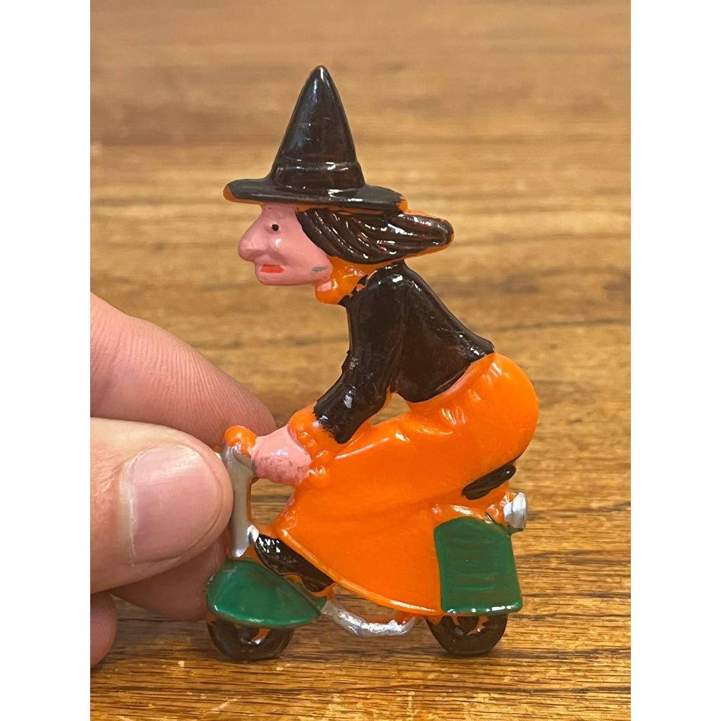 Vintage Halloween Witch Riding Moped Bike Scooter Cake Topper Plastic 3"