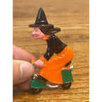 Vintage Halloween Witch Riding Moped Bike Scooter Cake Topper Plastic 3"