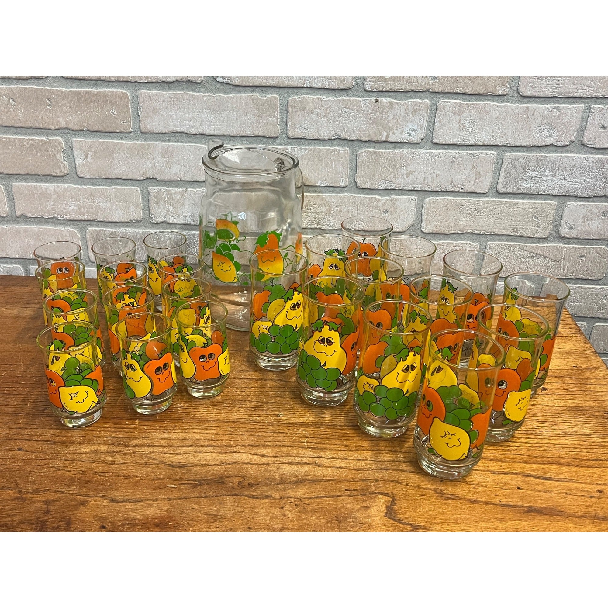 Vintage 70s Nancy Lynn Anthropomorphic Fruit Glasses 25pc Juice Set w/ Pitcher