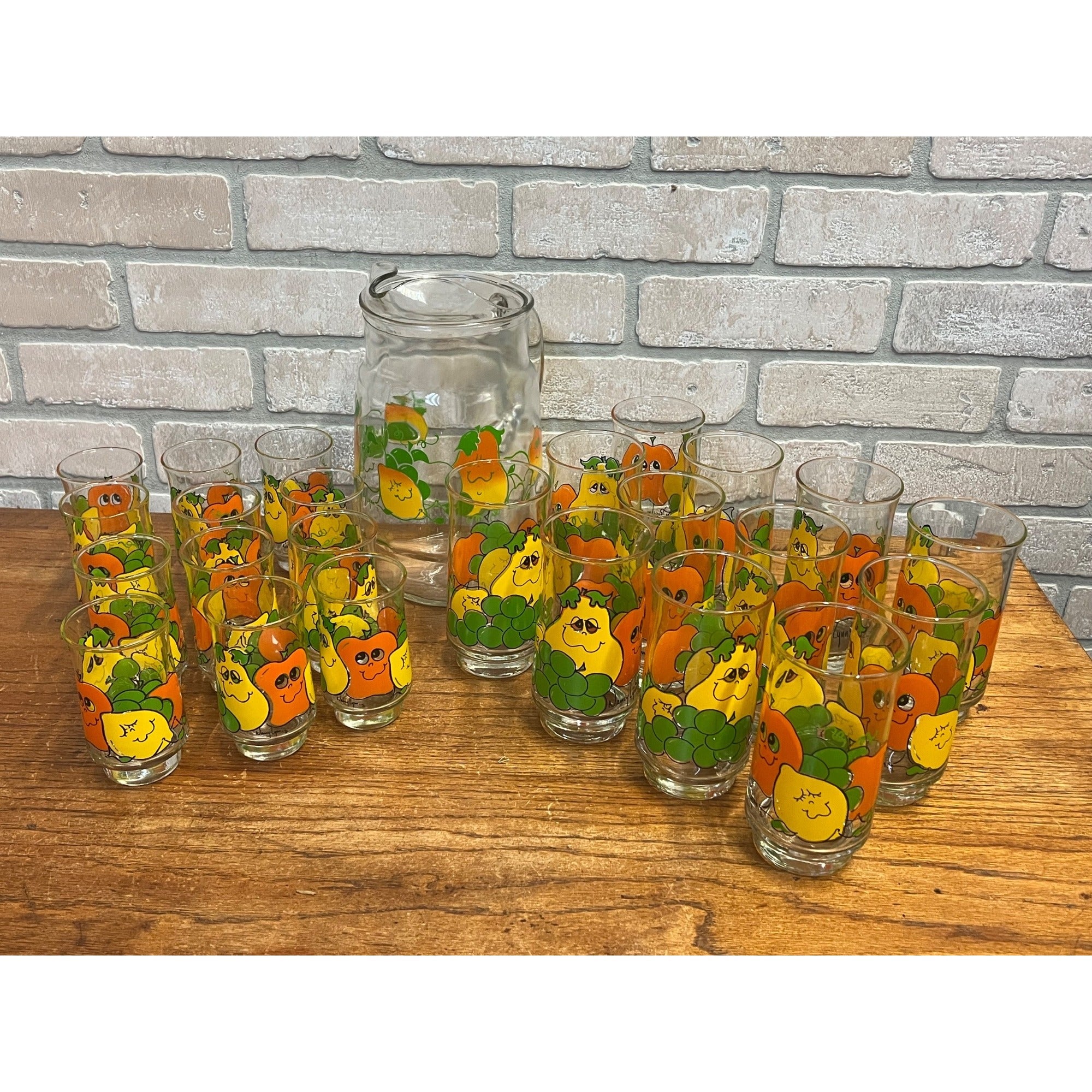 Vintage 70s Nancy Lynn Anthropomorphic Fruit Glasses 25pc Juice Set w/ Pitcher