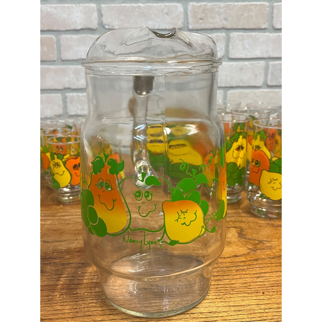 Vintage 70s Nancy Lynn Anthropomorphic Fruit Glasses 25pc Juice Set w/ Pitcher