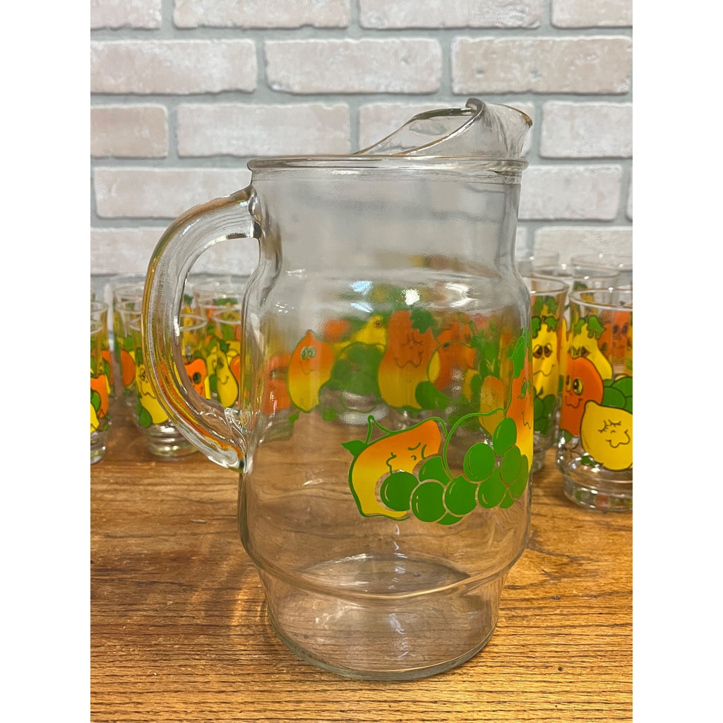 Vintage 70s Nancy Lynn Anthropomorphic Fruit Glasses 25pc Juice Set w/ Pitcher