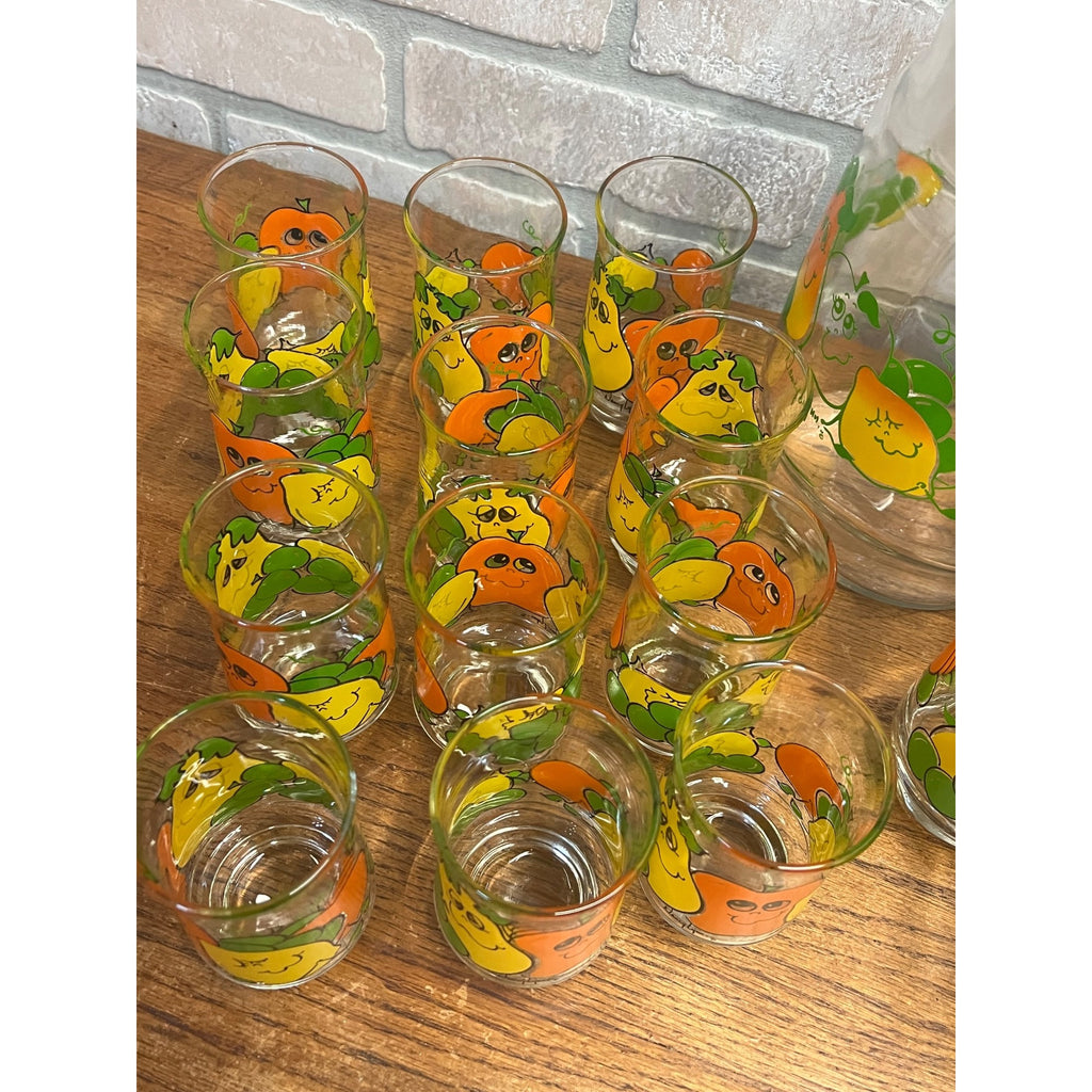 Vintage 70s Nancy Lynn Anthropomorphic Fruit Glasses 25pc Juice Set w/ Pitcher