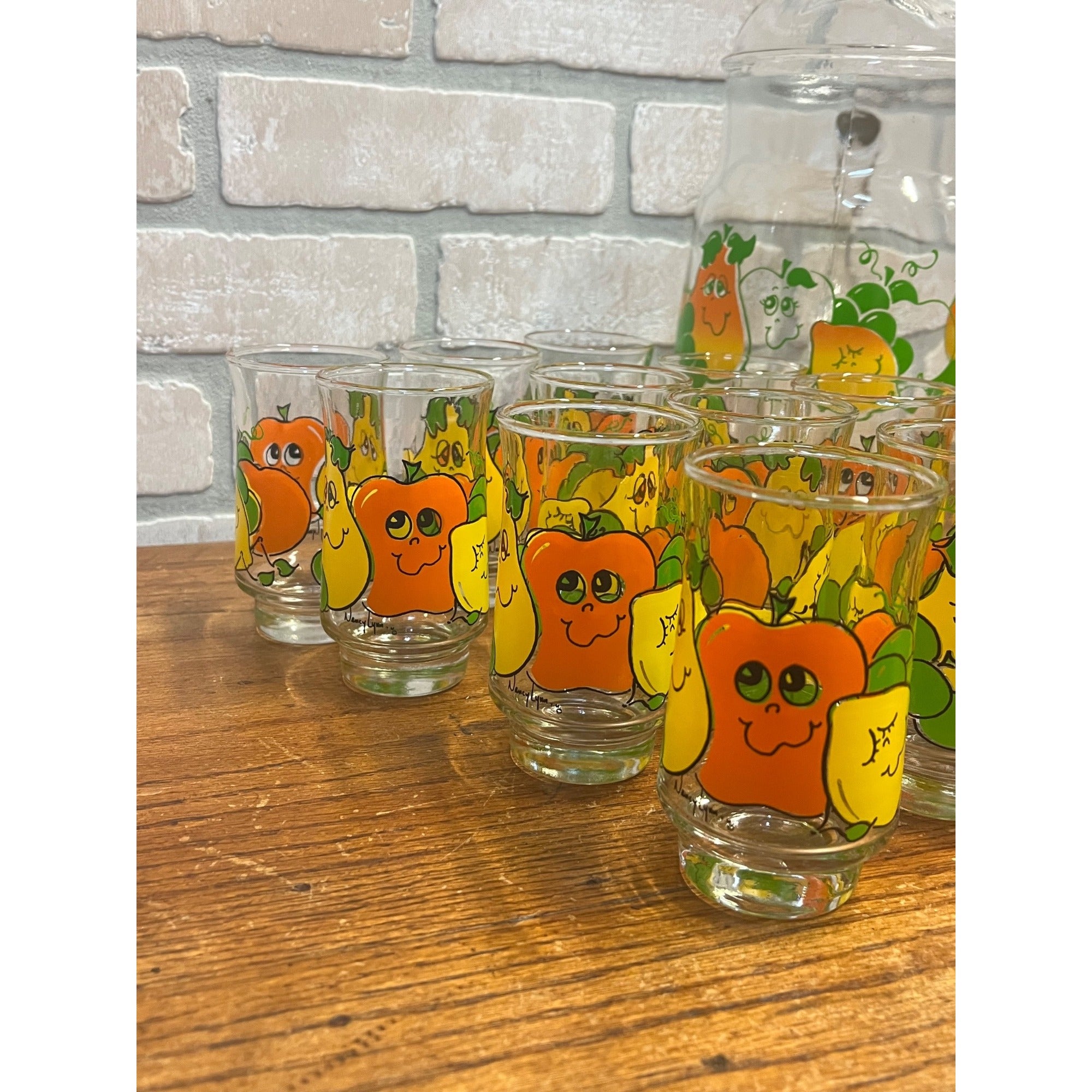 Vintage 70s Nancy Lynn Anthropomorphic Fruit Glasses 25pc Juice Set w/ Pitcher