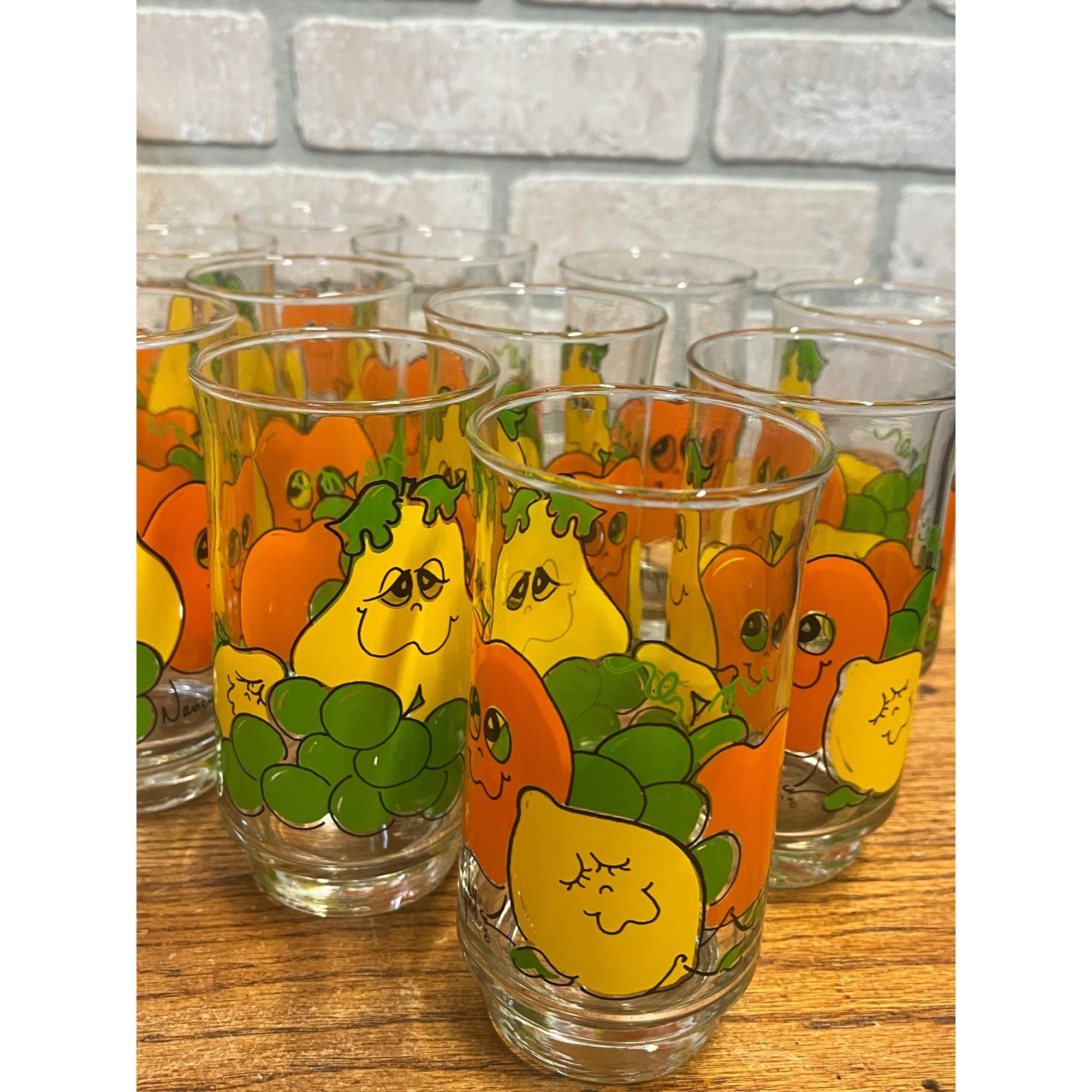 Vintage 70s Nancy Lynn Anthropomorphic Fruit Glasses 25pc Juice Set w/ Pitcher