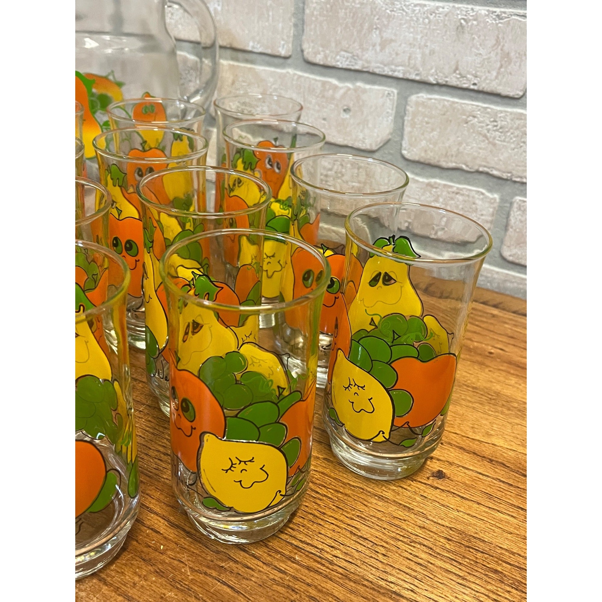 Vintage 70s Nancy Lynn Anthropomorphic Fruit Glasses 25pc Juice Set w/ Pitcher