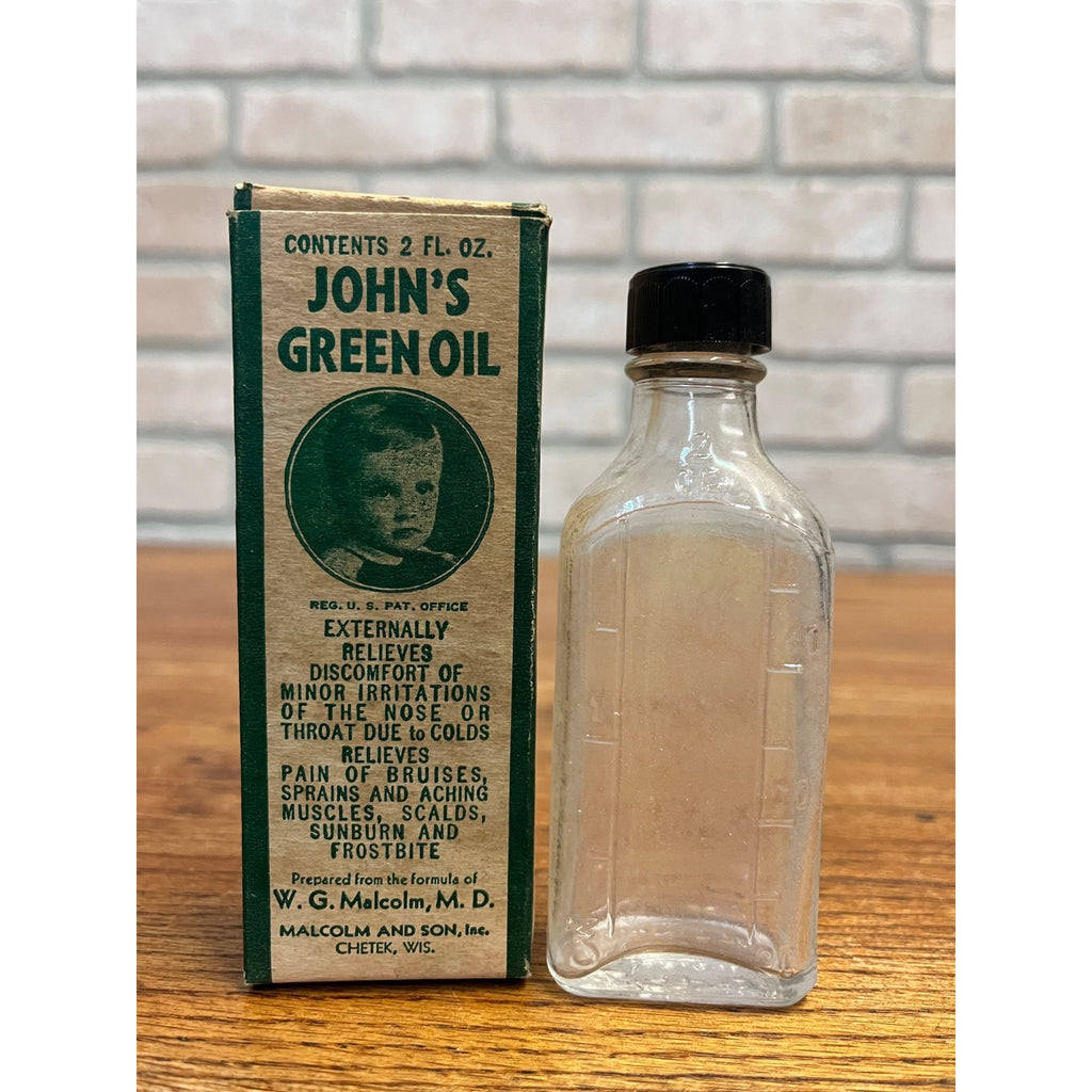 Vintage John's Green Oil Box w Bottle, Chetek, WI, W.G. Malcolm Medicine