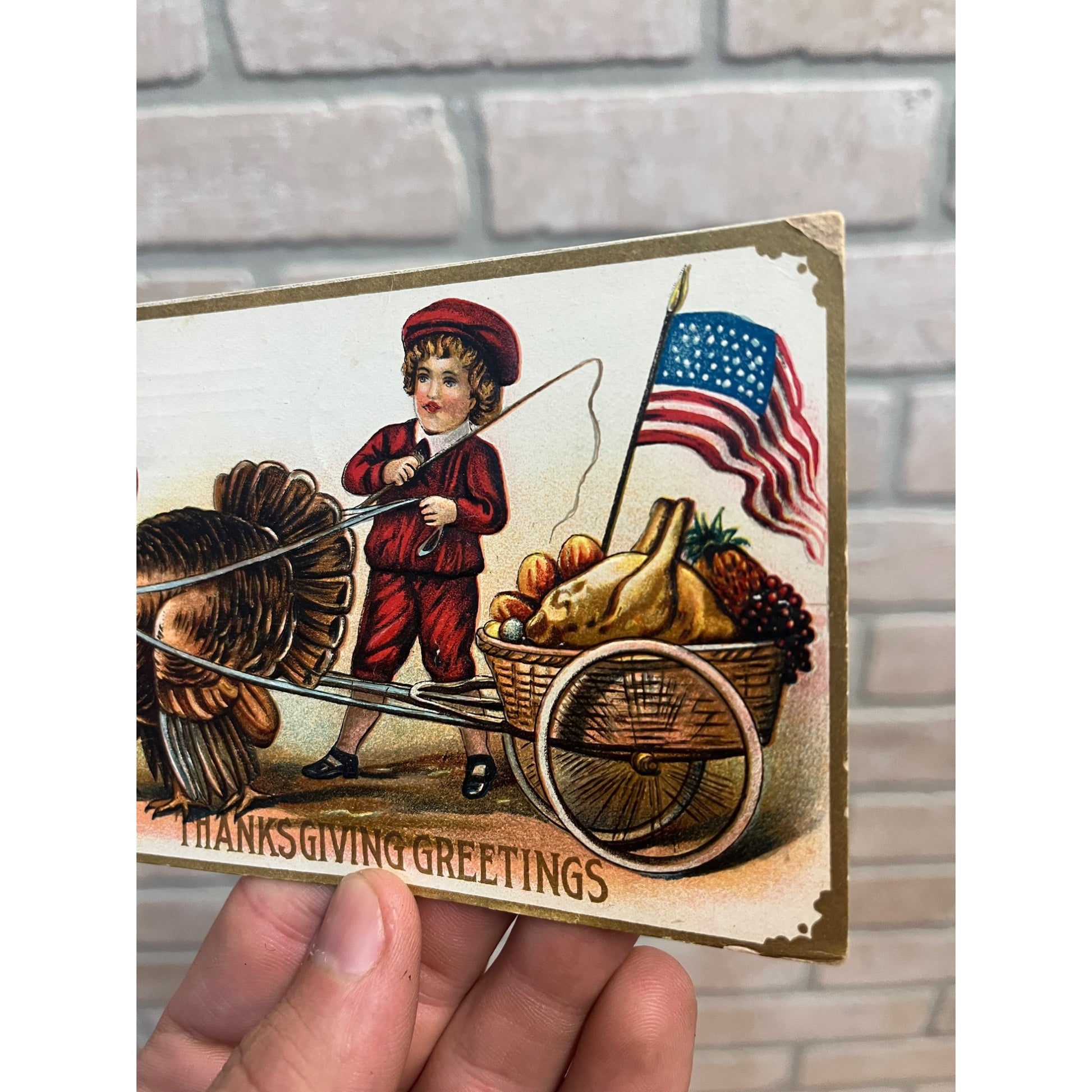 Vintage 1913 Thanksgiving Postcard Greetings Turkeys Pulling Cart American Flag
