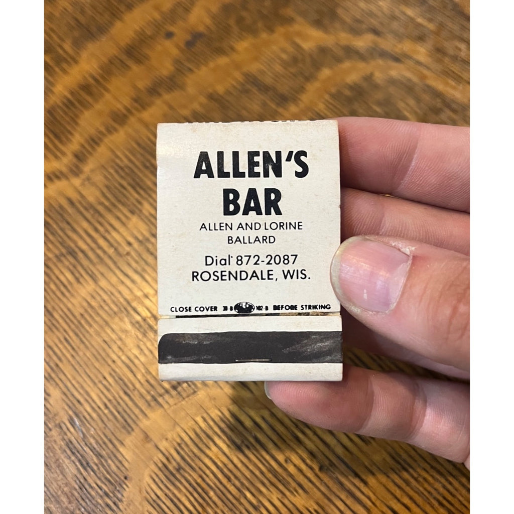 Vintage Matchbook Advertising - Allen's Bar - Rosendale, Wis.