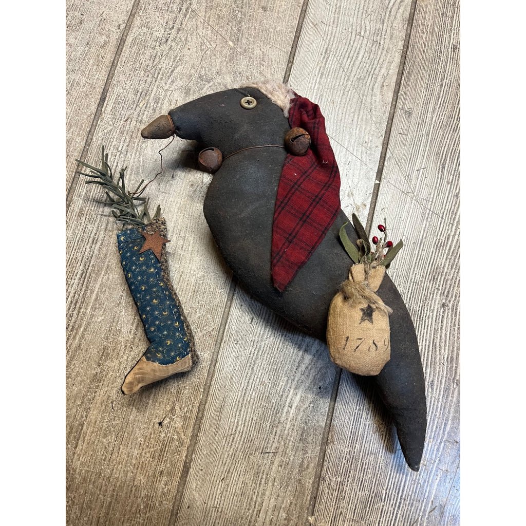 Antique Primitive Style Christmas Crow Black Bird Plush Decor AAFA Folk Art w/ Stocking