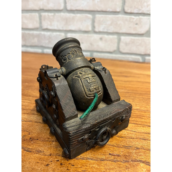 Vintage Cast Iron Mortar Cannon: Spanish Artillery Wood Base- Works