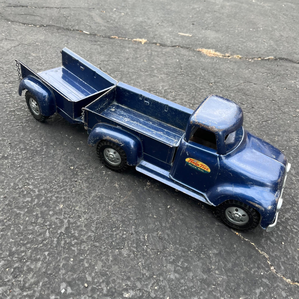 Vintage 1957 Tonka Blue Stepside Pickup Truck Trailer Pressed Steel Toy