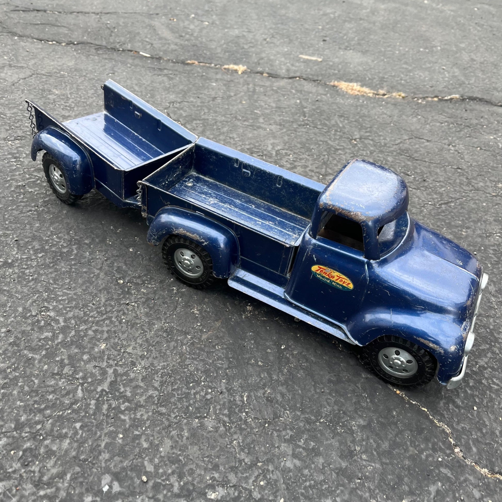 Vintage 1957 Tonka Blue Stepside Pickup Truck Trailer Pressed Steel Toy