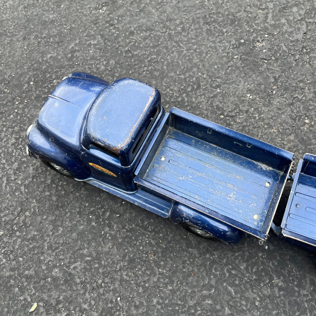 Vintage 1957 Tonka Blue Stepside Pickup Truck Trailer Pressed Steel Toy