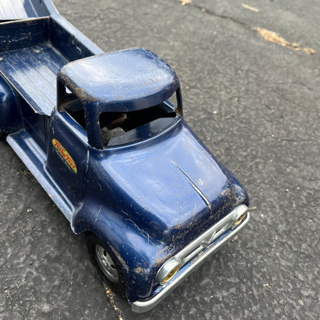 Vintage 1957 Tonka Blue Stepside Pickup Truck Trailer Pressed Steel Toy