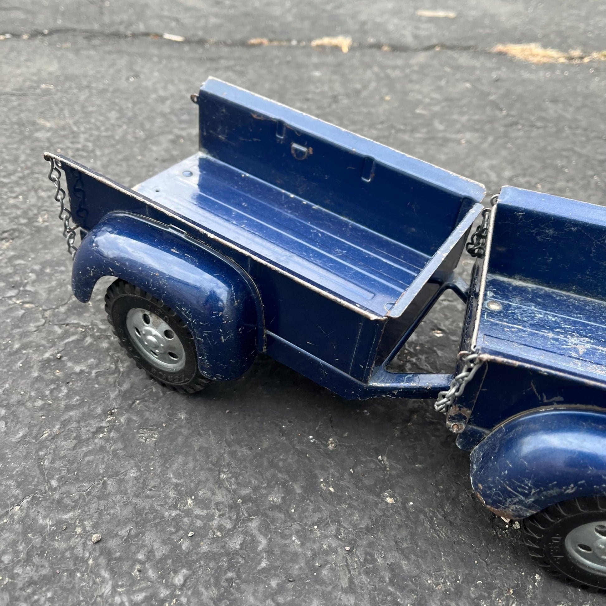 Vintage 1957 Tonka Blue Stepside Pickup Truck Trailer Pressed Steel Toy
