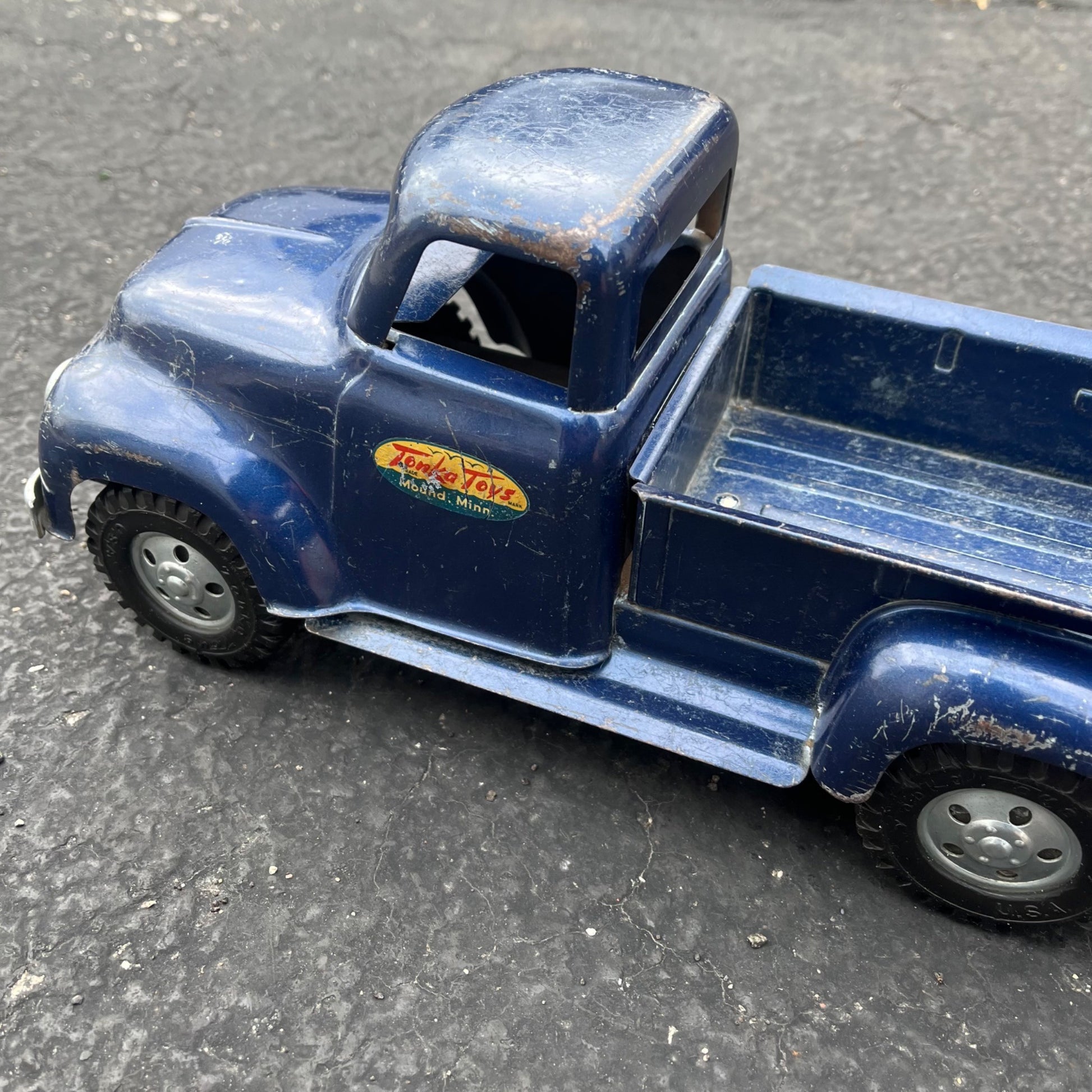 Vintage 1957 Tonka Blue Stepside Pickup Truck Trailer Pressed Steel Toy