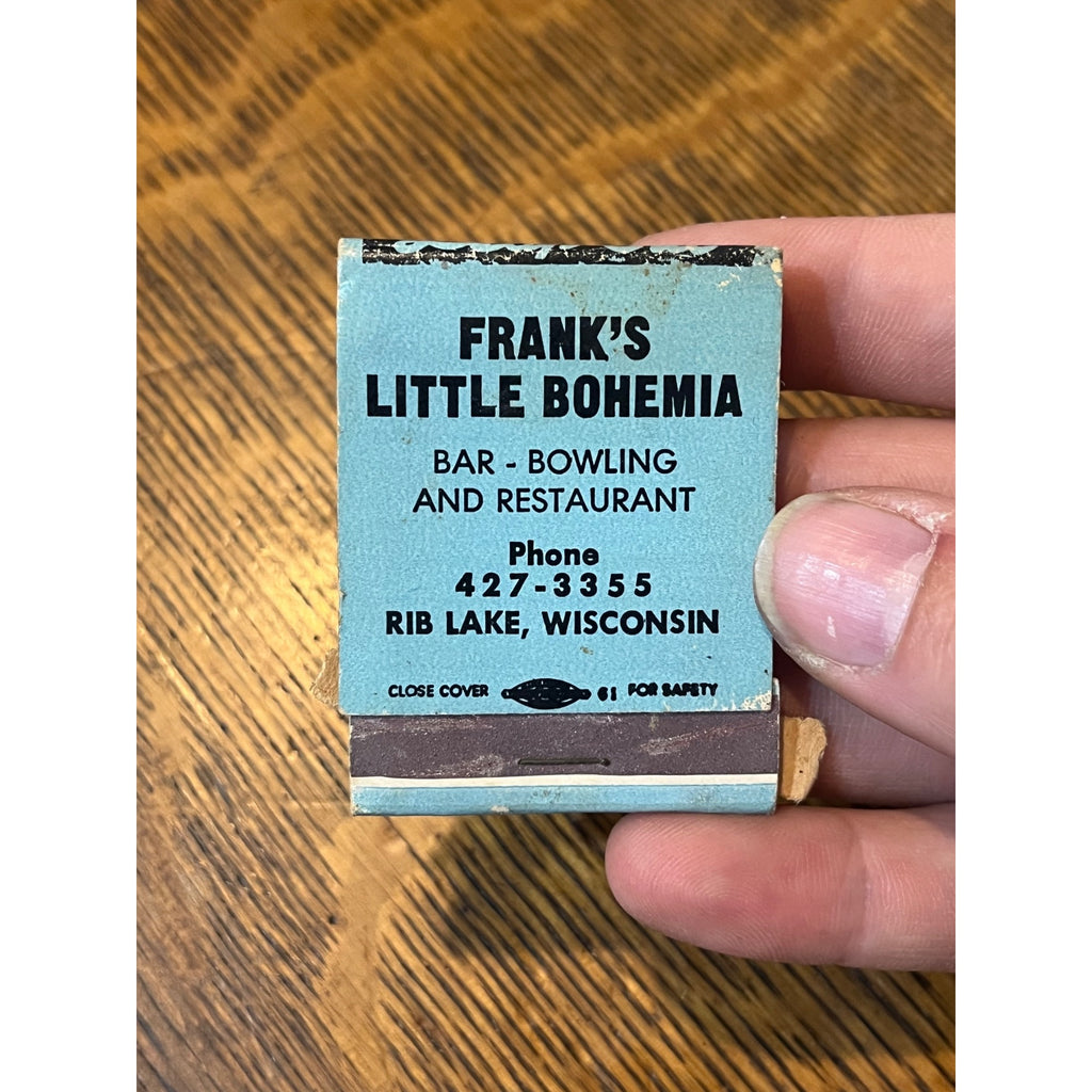 Vintage Matchbook Advertising - Frank's Little Bohemia Bar Bowling & Restaurant - Rib Lake, Wis.