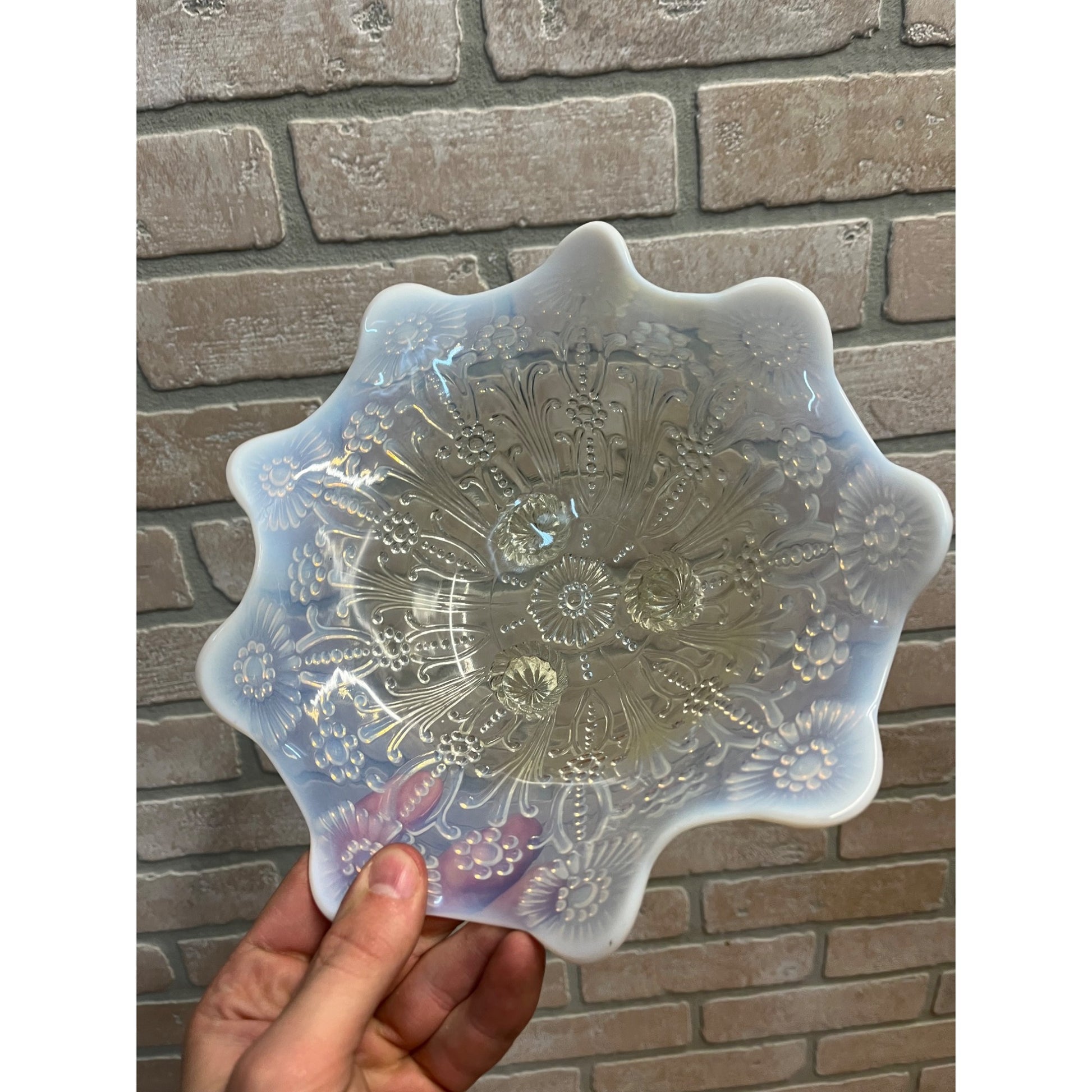 Vintage Pearl Flower Northwood White Opalescent Footed Bowl Dish 10"