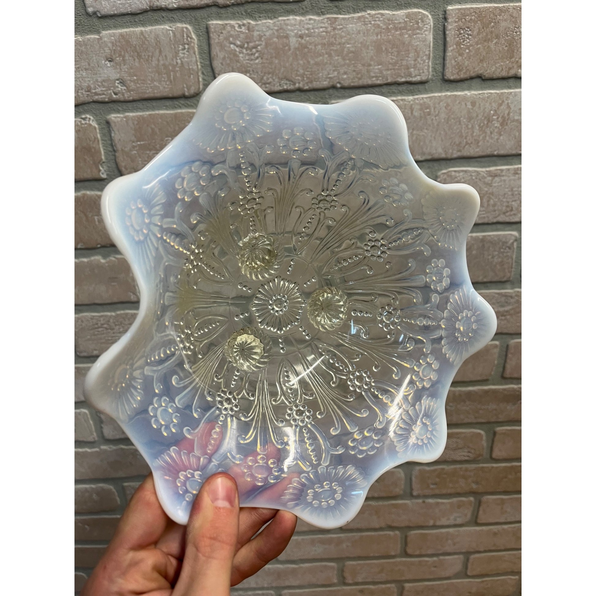 Vintage Pearl Flower Northwood White Opalescent Footed Bowl Dish 10"