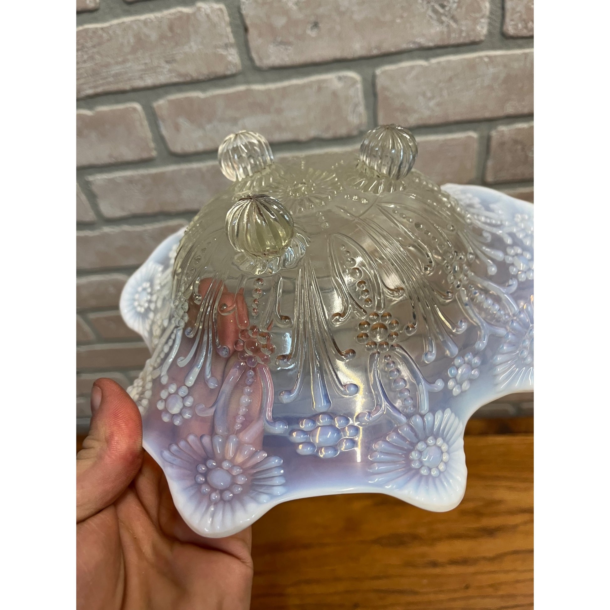 Vintage Pearl Flower Northwood White Opalescent Footed Bowl Dish 10"