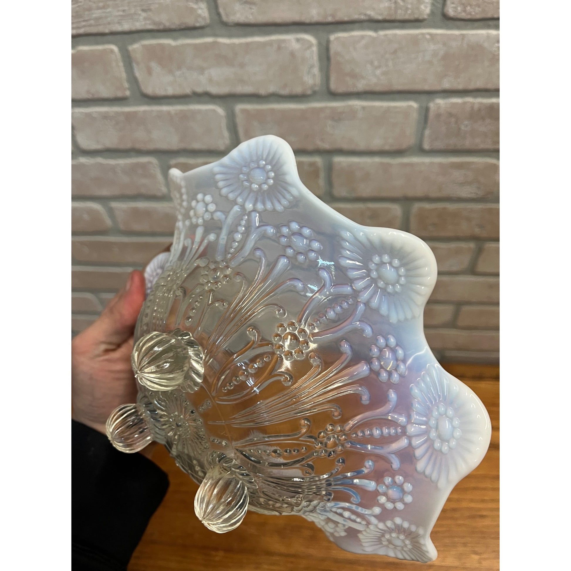 Vintage Pearl Flower Northwood White Opalescent Footed Bowl Dish 10"