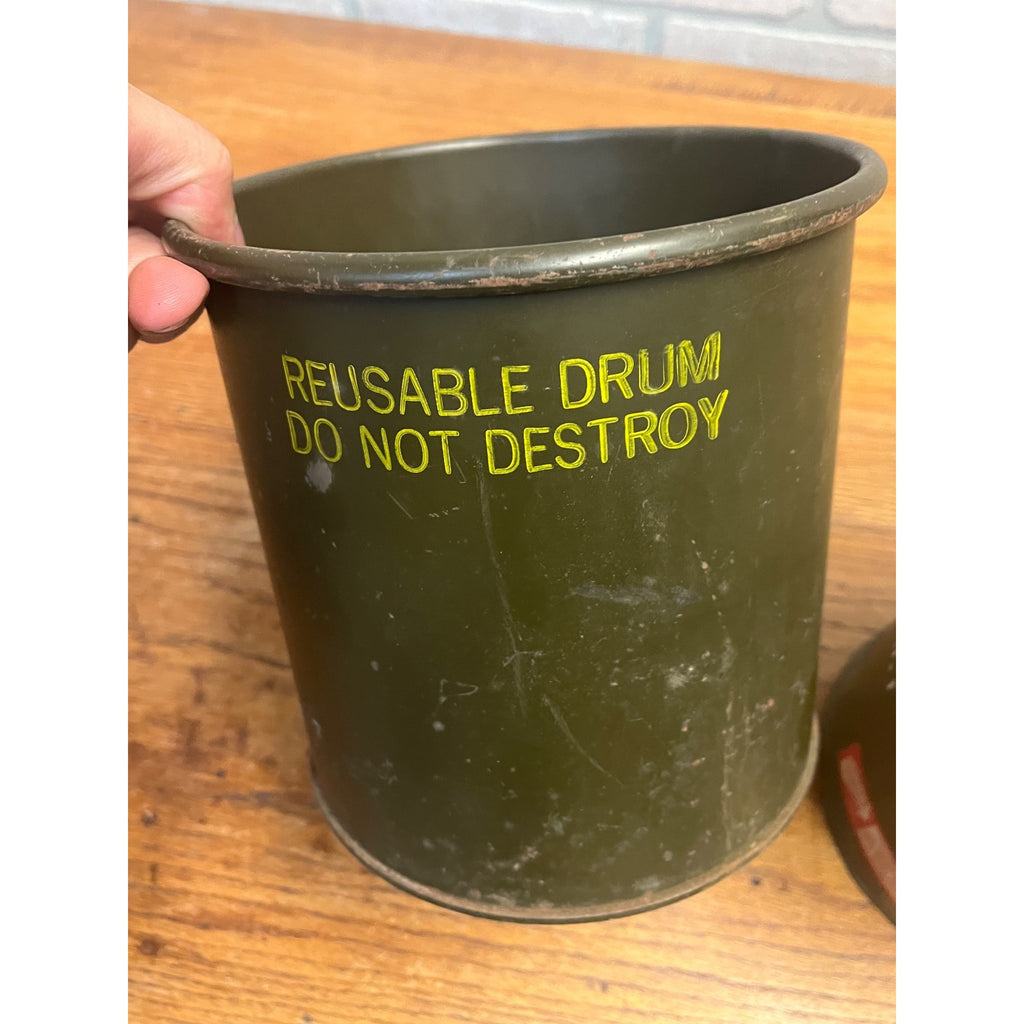 2 Vintage US Military MIRAX Reusable Steel Shipping Drums Containers OD Green
