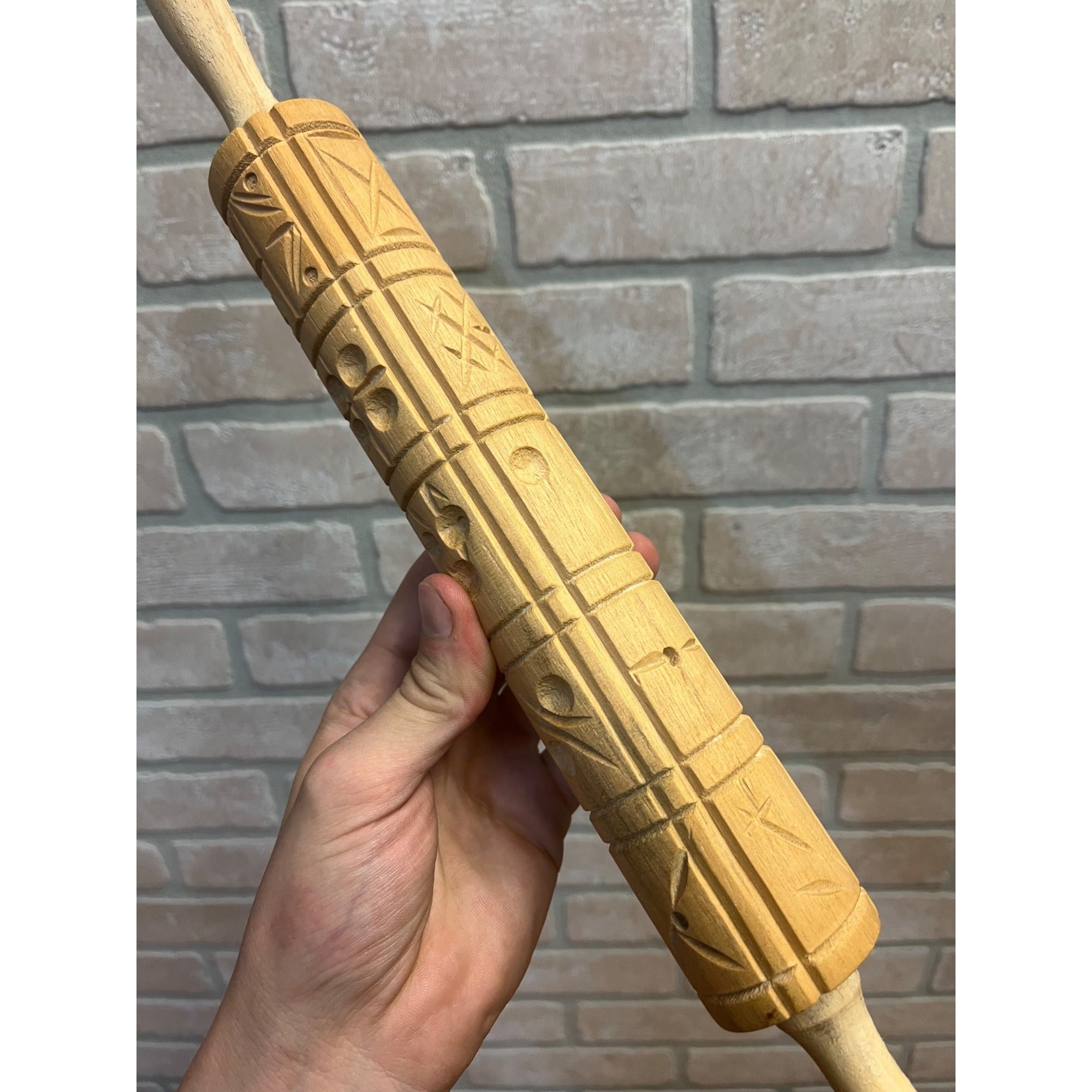 Vintage Wooden Embossed Rolling Pin Hand-carved Cookie Stamp Primitive Kitchen Decor