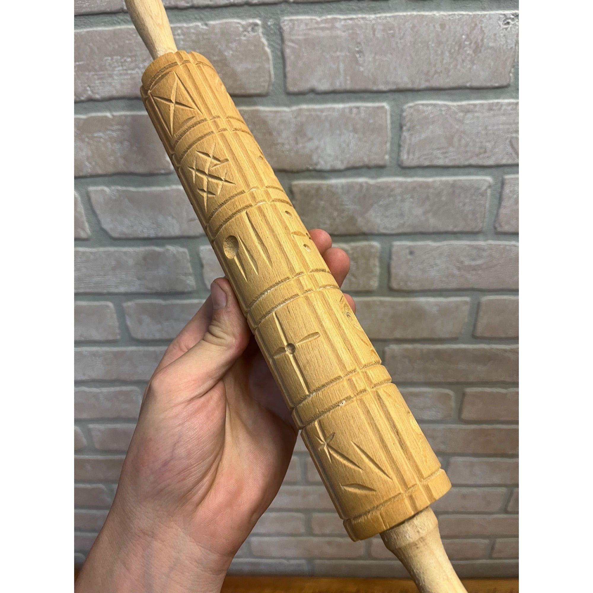 Vintage Wooden Embossed Rolling Pin Hand-carved Cookie Stamp Primitive Kitchen Decor