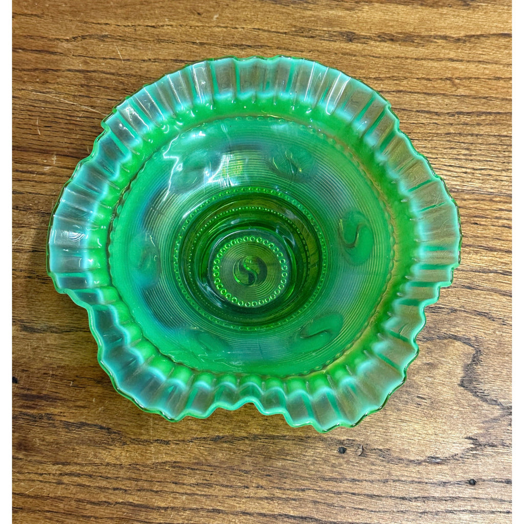 Antique EAGP Opalescent Green Jefferson Glass Astro Ruffled Bowl 8"
