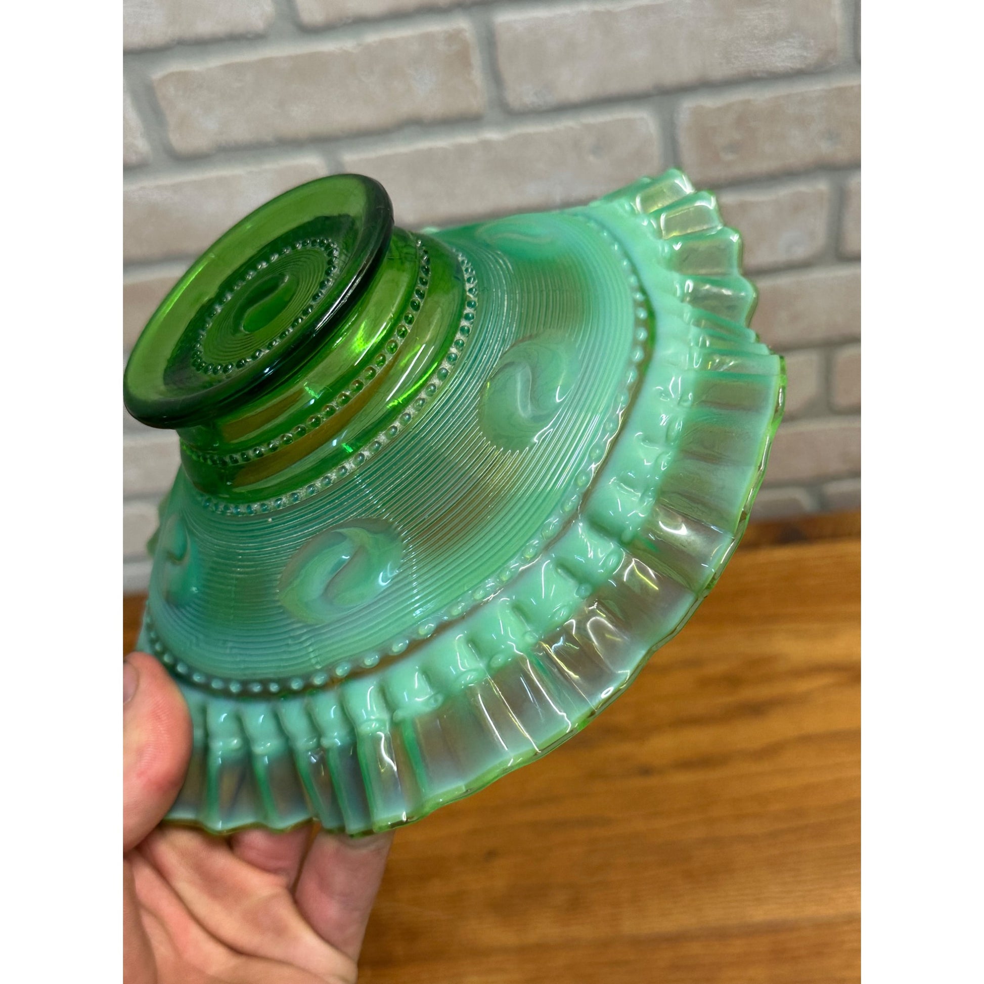 Antique EAGP Opalescent Green Jefferson Glass Astro Ruffled Bowl 8"