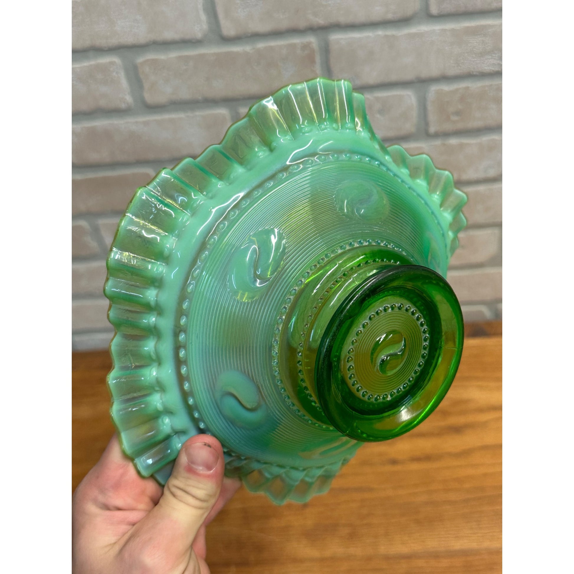 Antique EAGP Opalescent Green Jefferson Glass Astro Ruffled Bowl 8"