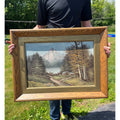 Vintage Framed Oil Painting Mountain Cabin Lake Wilderness Scene Signed Bell