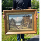 Vintage Framed Oil Painting Mountain Cabin Lake Wilderness Scene Signed Bell