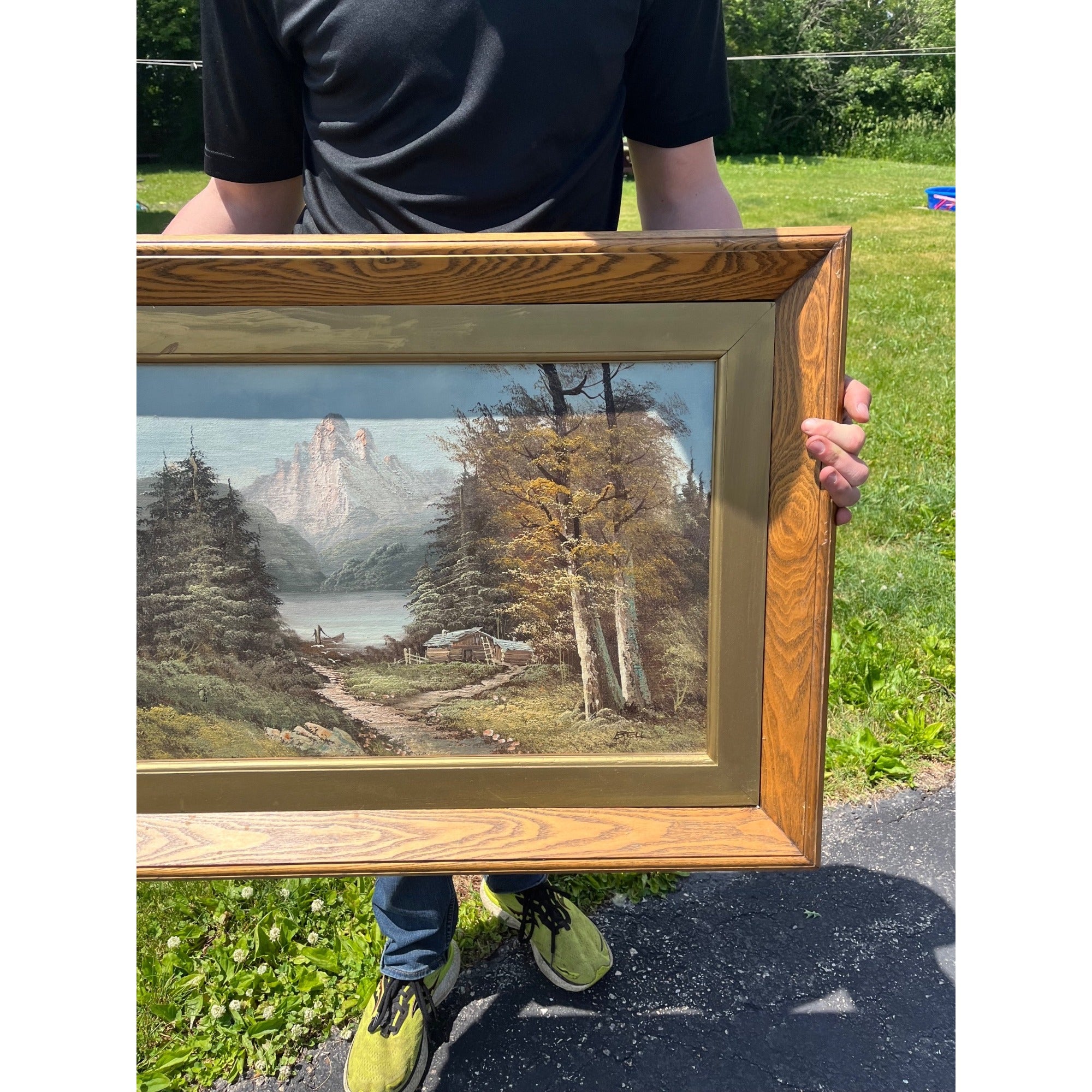 Vintage Framed Oil Painting Mountain Cabin Lake Wilderness Scene Signed Bell