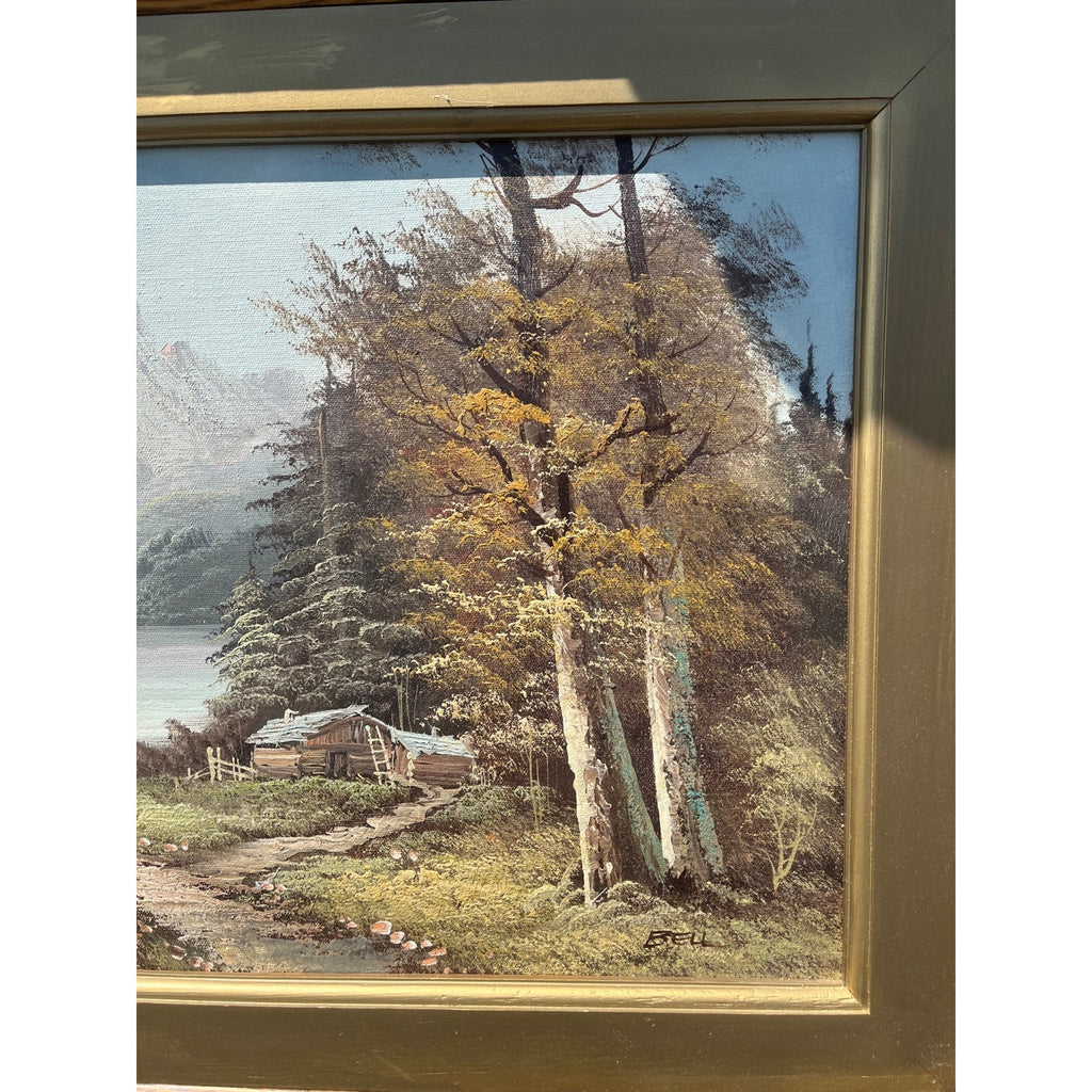 Vintage Framed Oil Painting Mountain Cabin Lake Wilderness Scene Signed Bell