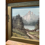 Vintage Framed Oil Painting Mountain Cabin Lake Wilderness Scene Signed Bell