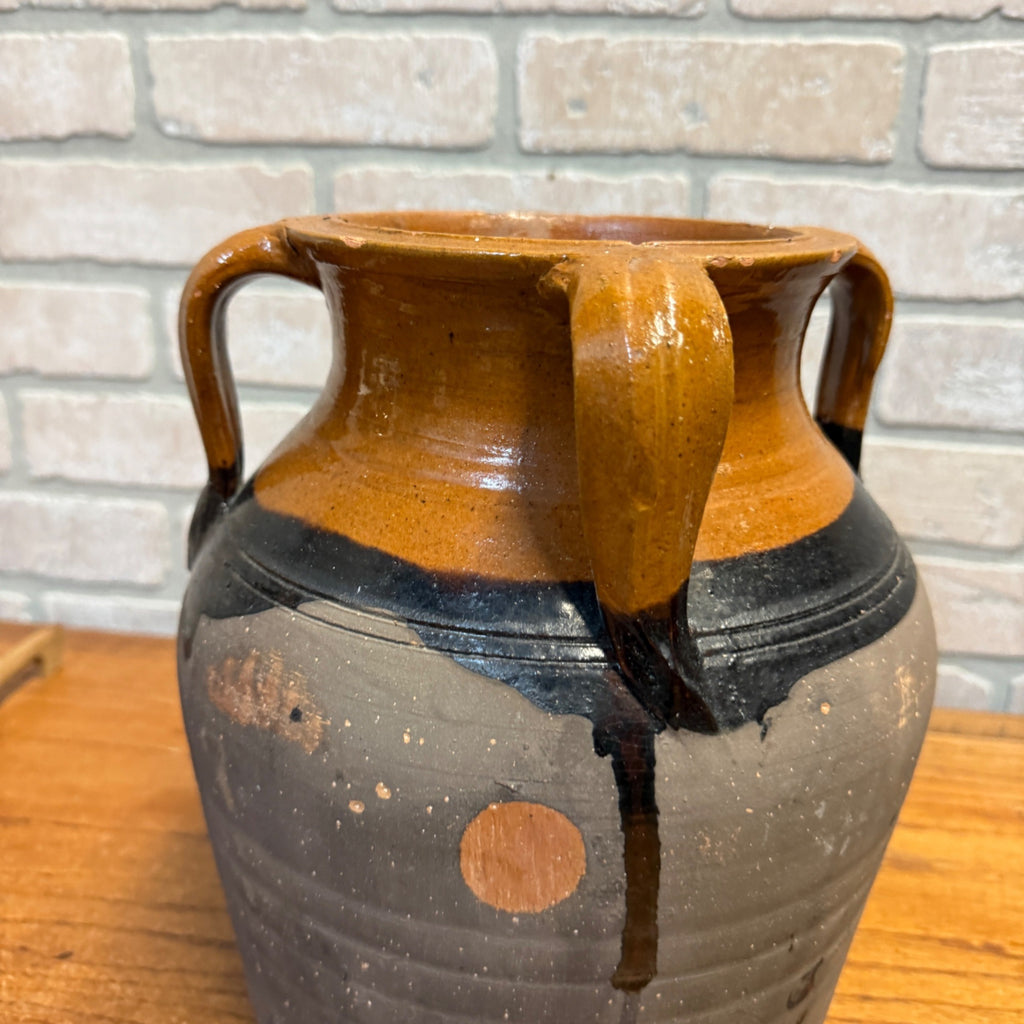 1900s French Three-Handle Glazed Stoneware Earthenware Dipped Crock