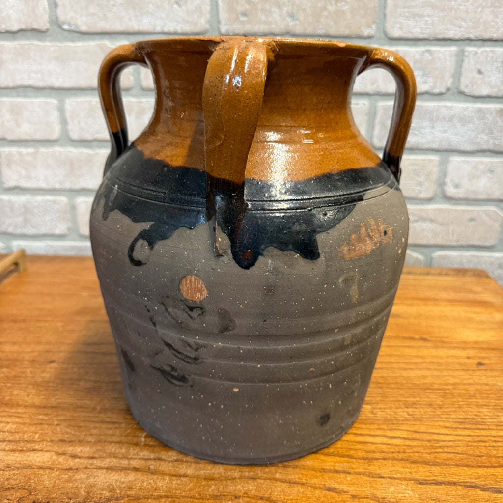 1900s French Three-Handle Glazed Stoneware Earthenware Dipped Crock