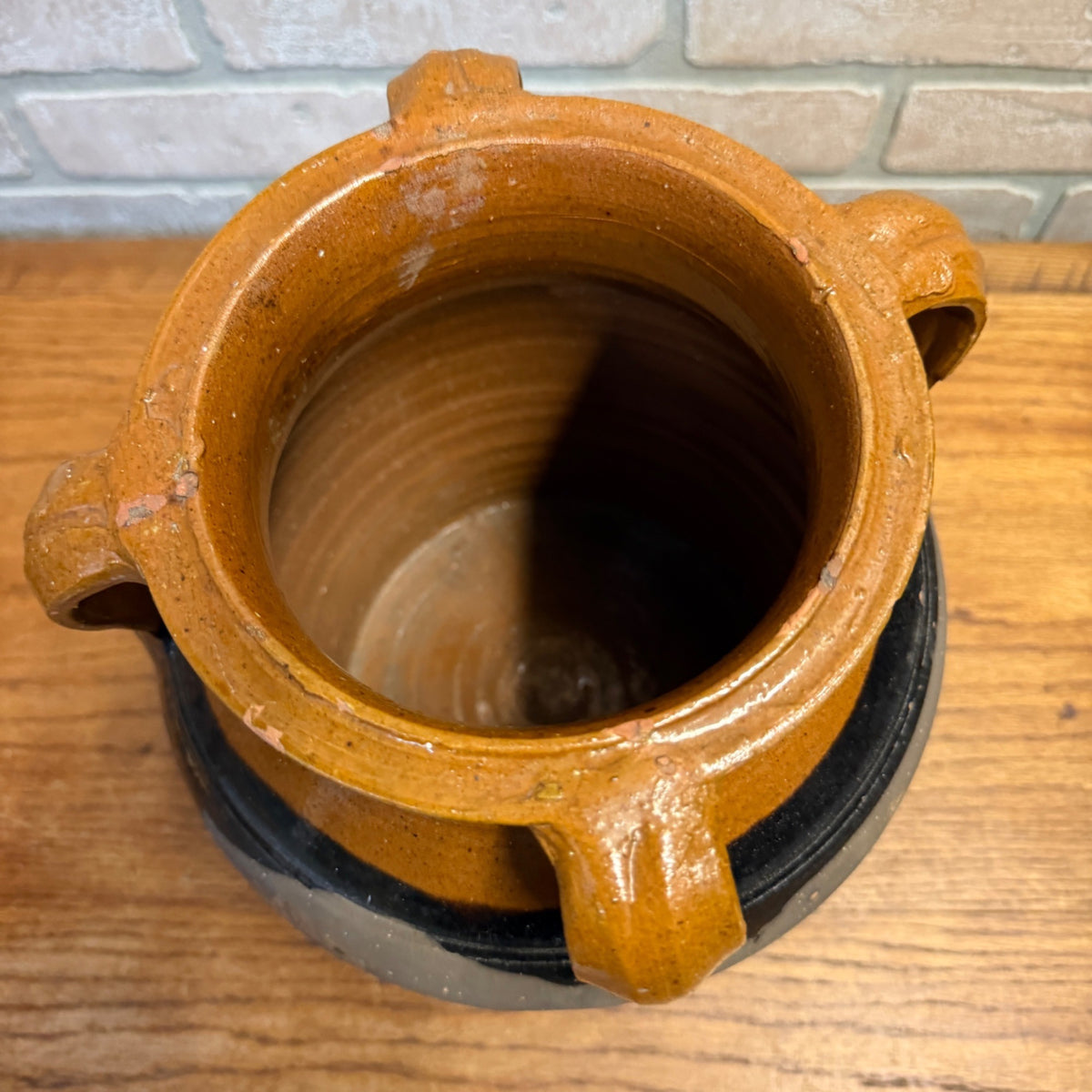 1900s French Three-Handle Glazed Stoneware Earthenware Dipped Crock