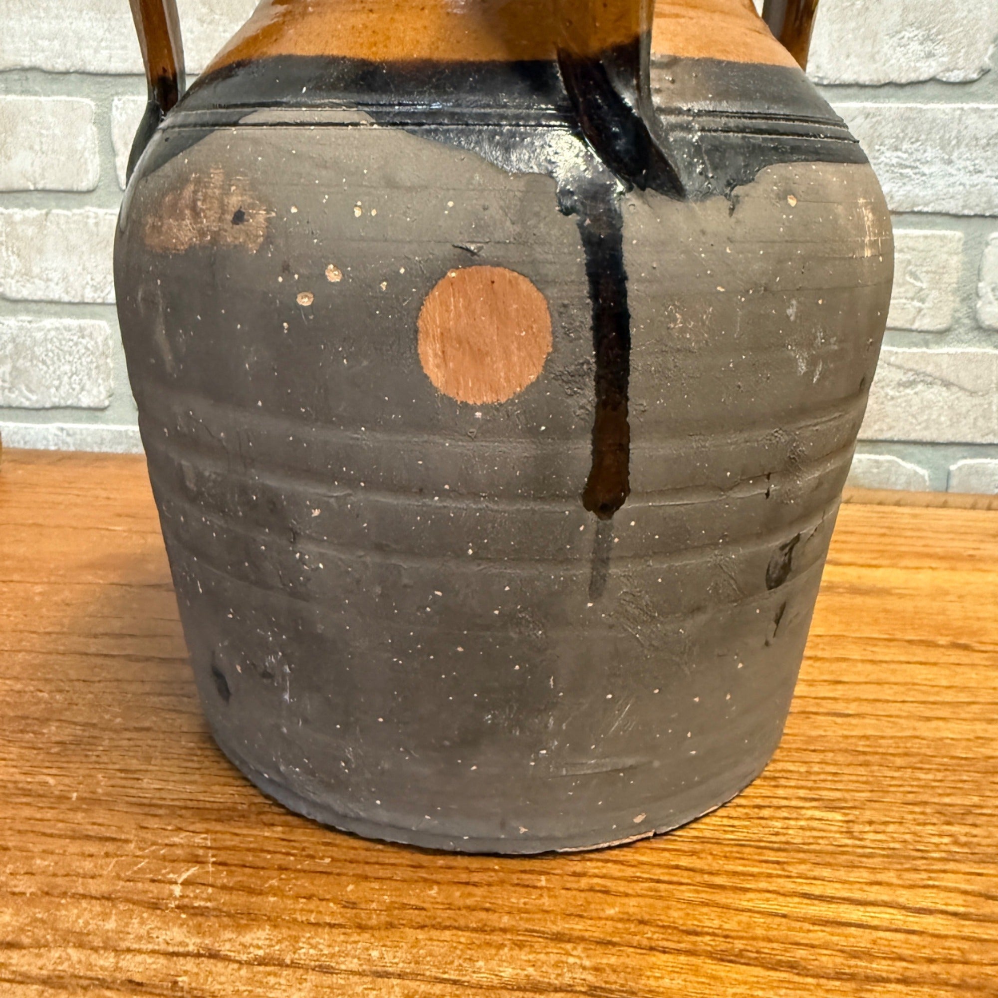 1900s French Three-Handle Glazed Stoneware Earthenware Dipped Crock