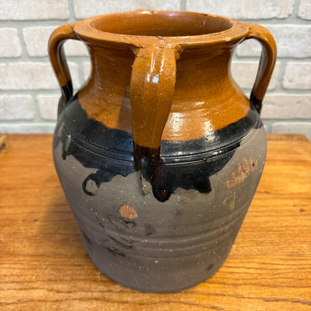 1900s French Three-Handle Glazed Stoneware Earthenware Dipped Crock