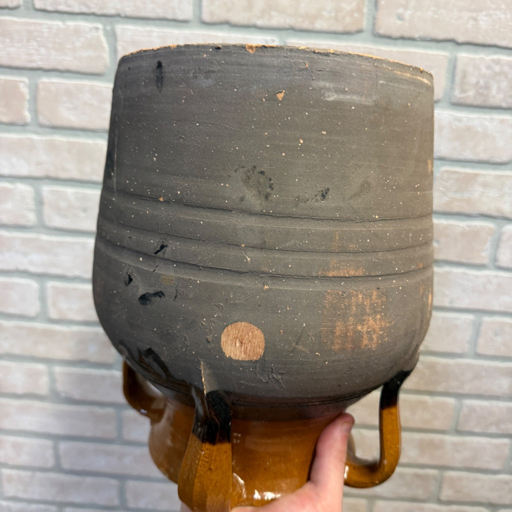 1900s French Three-Handle Glazed Stoneware Earthenware Dipped Crock