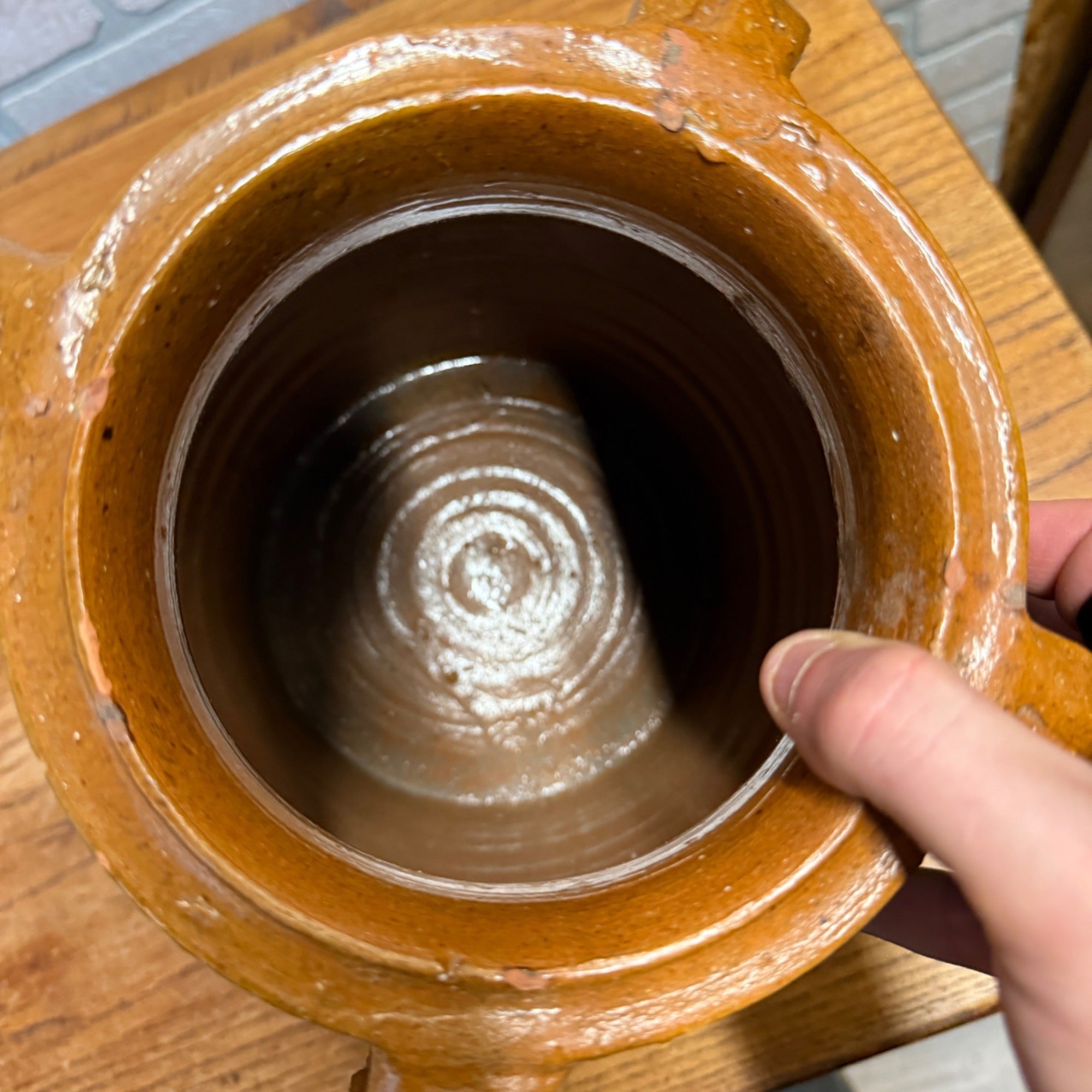 1900s French Three-Handle Glazed Stoneware Earthenware Dipped Crock
