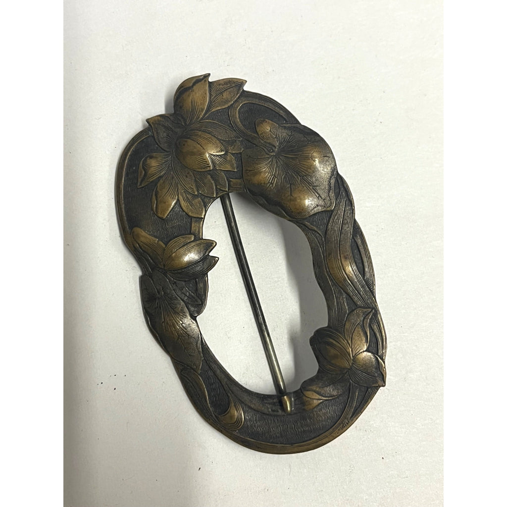 Antique Art Nouveau Sash Pin Floral Repousse Brass Brooch Victorian Edwardian