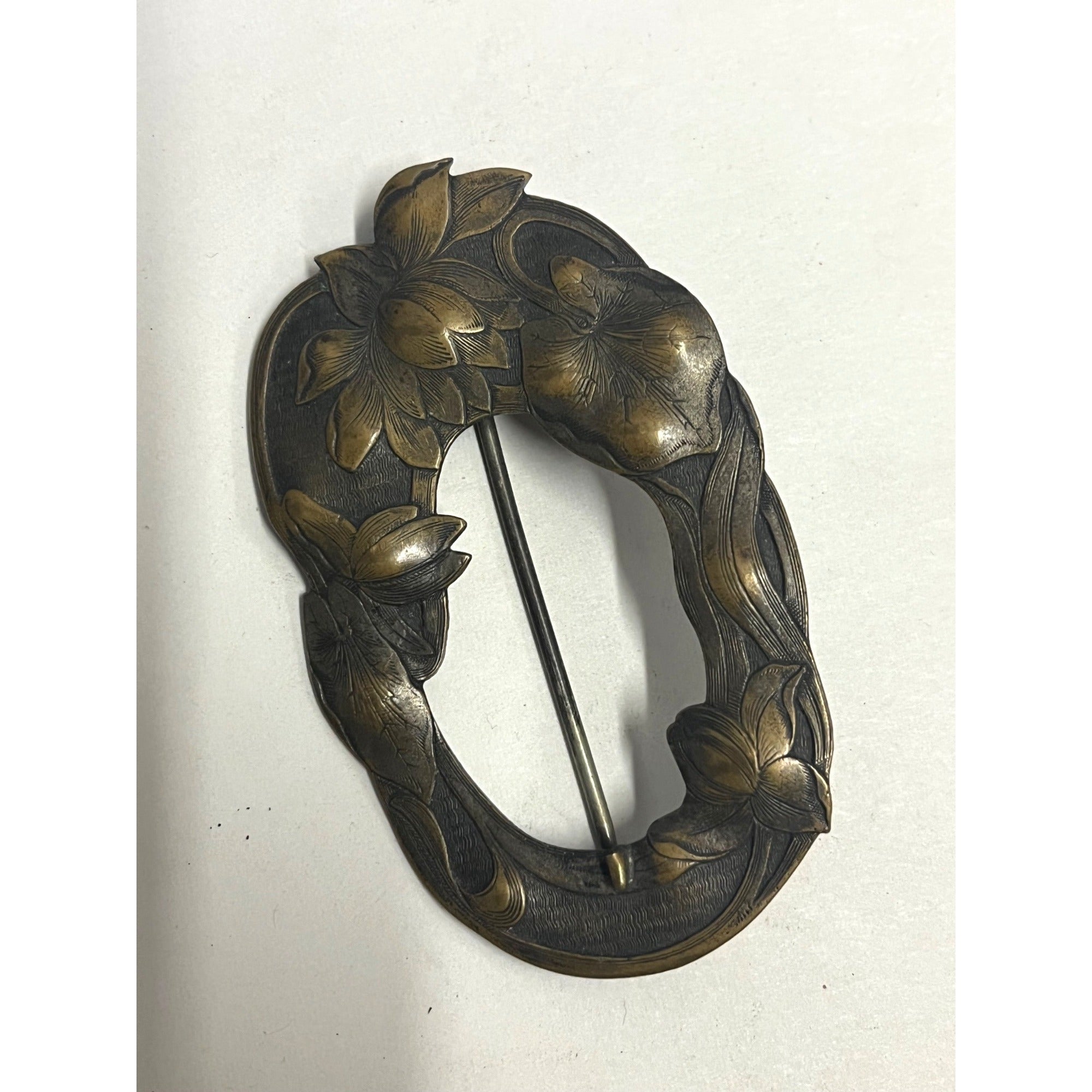 Antique Art Nouveau Sash Pin Floral Repousse Brass Brooch Victorian Edwardian