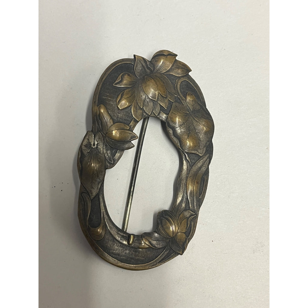 Antique Art Nouveau Sash Pin Floral Repousse Brass Brooch Victorian Edwardian