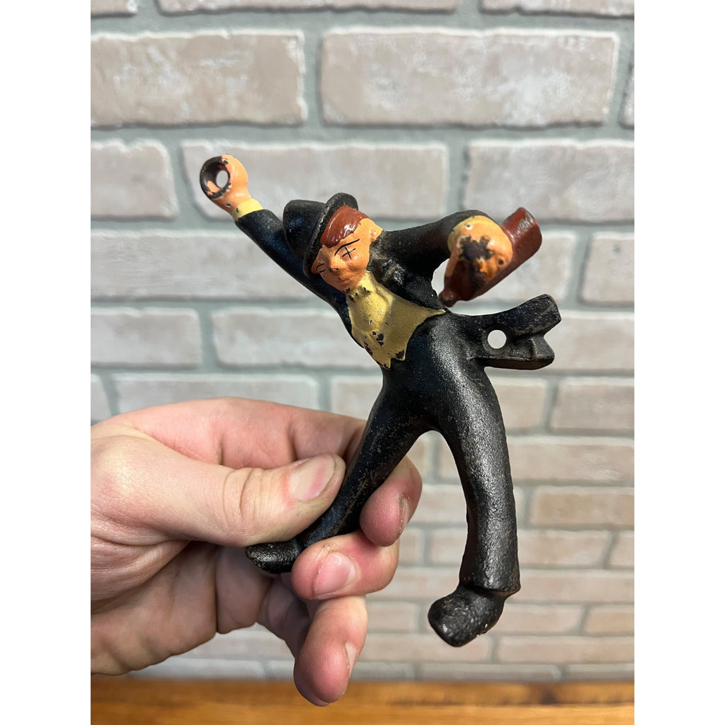 Vintage Cast Iron Drunk Man Top Hat Black Suit Hanging Bar Bottle Beer Opener